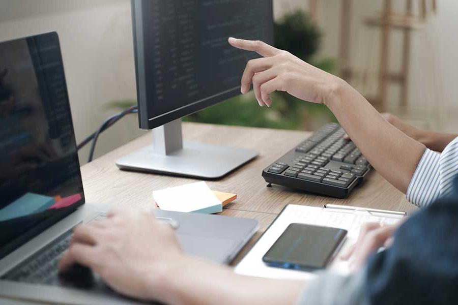 An individual teaching another person something on a computer